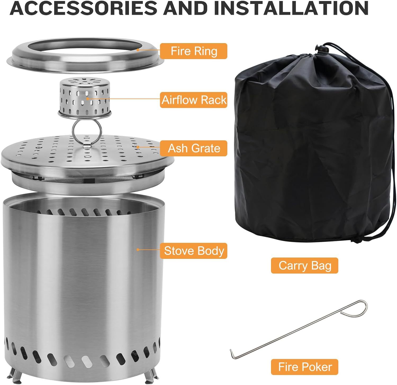 Camping stove Portable smoke-free barbecue stove, mini courtyard firewood stove, outdoor camping stove (Stainless Steel, 5.5 Inch)
