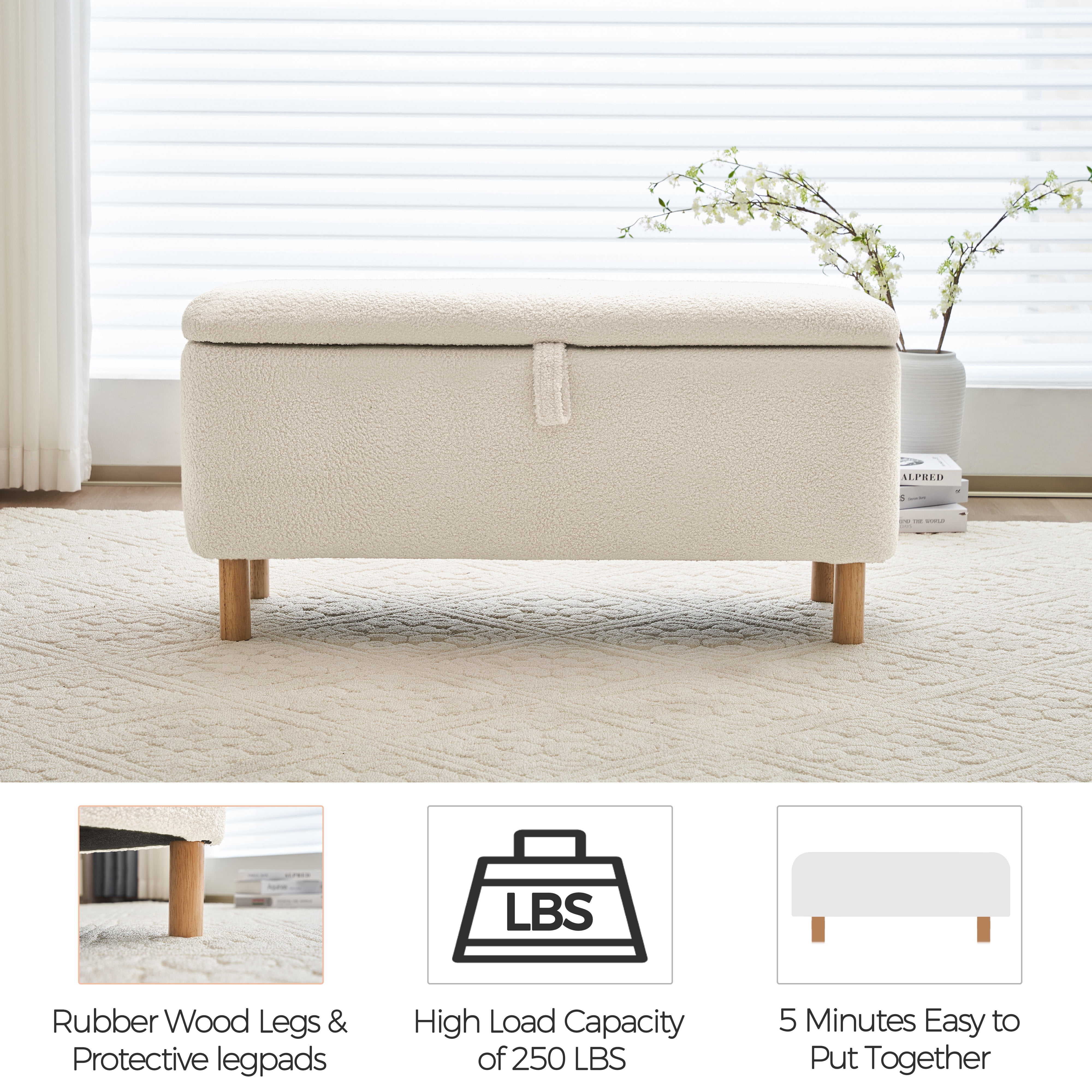 Comfort Stretch 39.3" Length Storage Ottoman Bench for Living Room,White Bedroom Bench with Entryway Storage Rectangular Boucle Foot Rest Stool Padded Seat