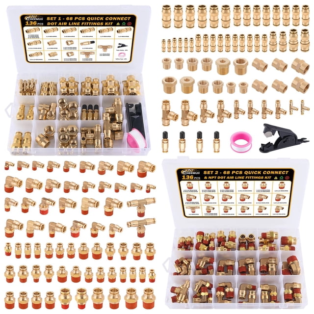 Kit de conexiones neumáticas de latón CheeMuii de 136 piezas con cierre rápido push-lock