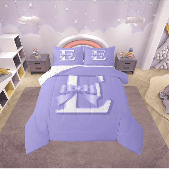 Erosebridal Kawaii Initial Letter Bedding Sets Twin with Comforter, Monogrammed E Duvet Insert, Ribbon Cow Reversible Down Comforter, Ultra Soft Bedroom Decoration, 2pcs