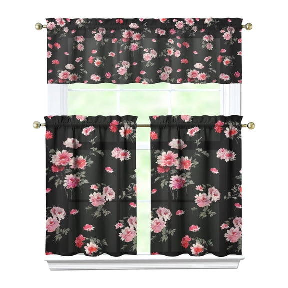 Country Bohemian Curtains 36 Inch - 3 Panel Rustic Floral Set with Vintage Botanical Print, Rod Pocket Kitchen Window Drapes for Farmhouse Style