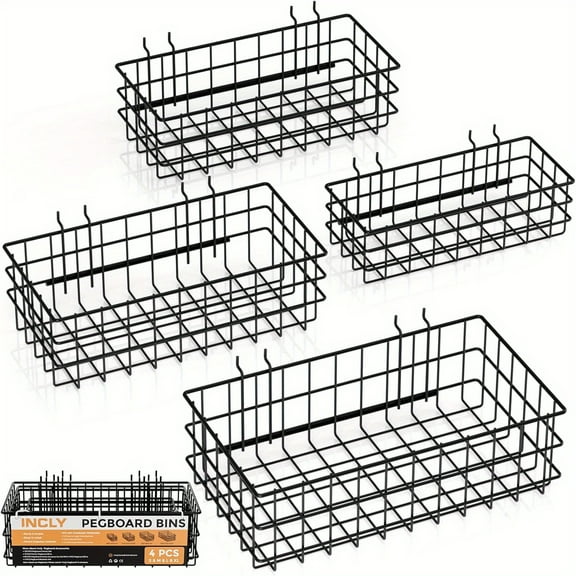 4 Pack Pegboard Baskets Bins Set, 4 Size Square Style Black Metal Wire Basket for Any Peg Board Organizing Tools, Pegboard Accessories for Workbench Garage Wall Storage Attachments, Shelf Baskets