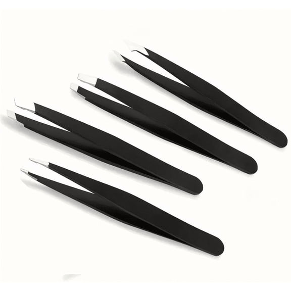4pcs Tweezers Set with Storage Case(Black), Stainless steel,Professional Tweezers for Men and Women, Ideal for Eyebrow and Facial Hair Removal