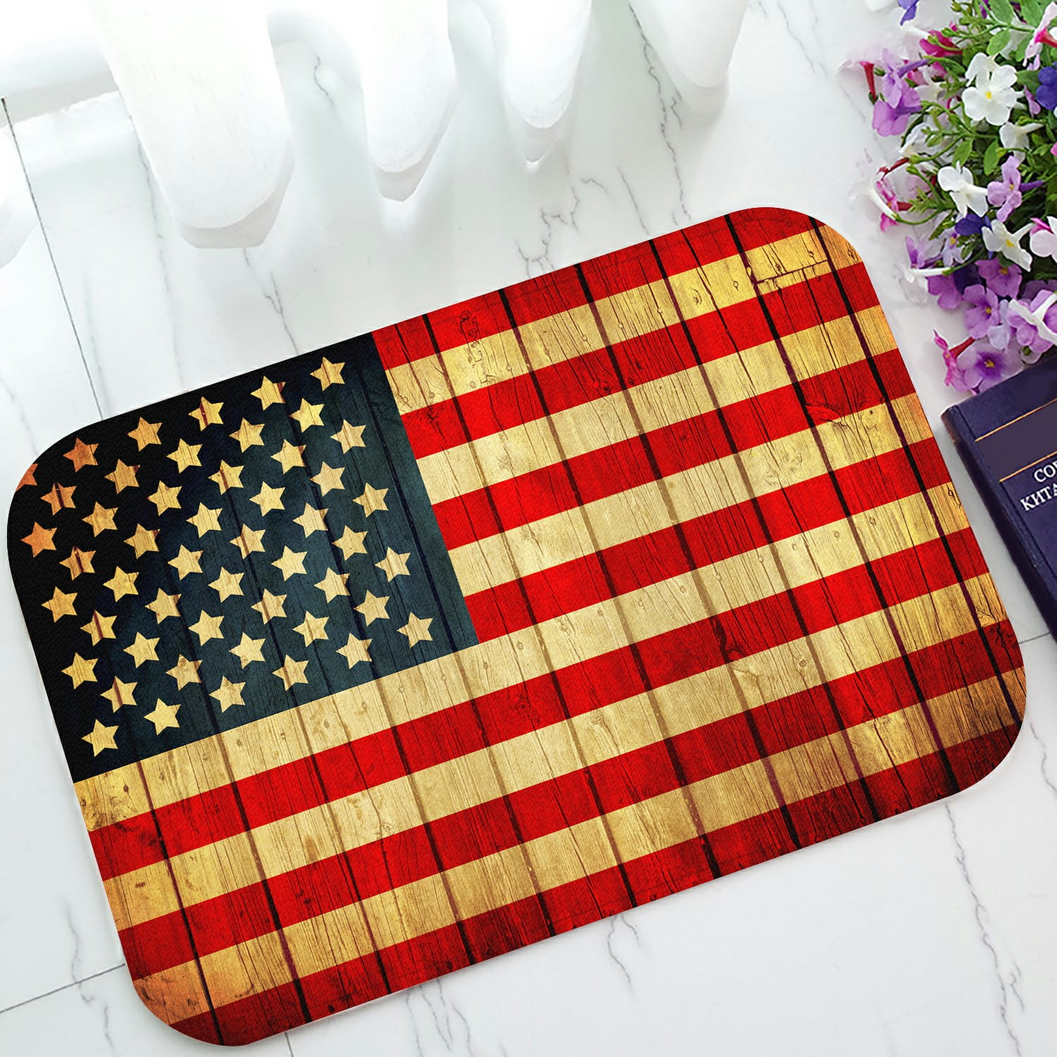 ECZJNT Old Painted American Flag On Dark Wooden Fence Doormat