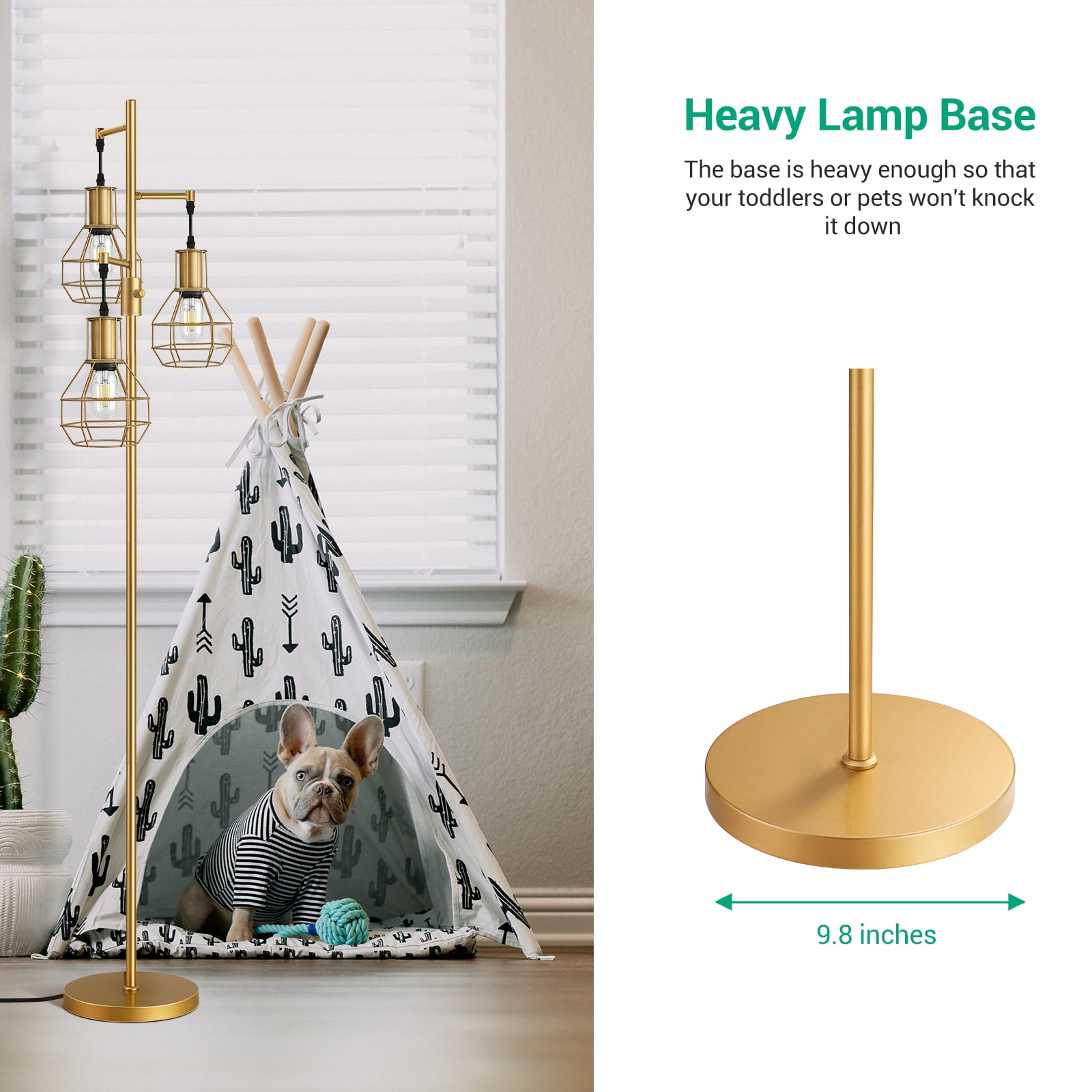EDISHINE Dimmable Industrial Floor Lamp with 3 LED Blubs for Living Room, Gold Standing Lamp, Farmhouse Industrial Tree Lamps for Bedroom, Office