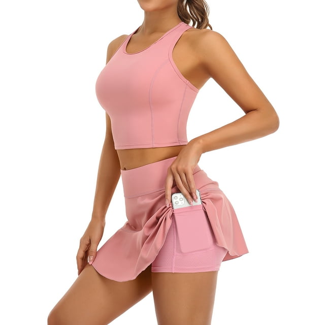 Ensembles de Jupes de Tennis pour Femmes 2 Pcs avec Shorts Intégrés et Poches Tenues d'Entraînement Robes