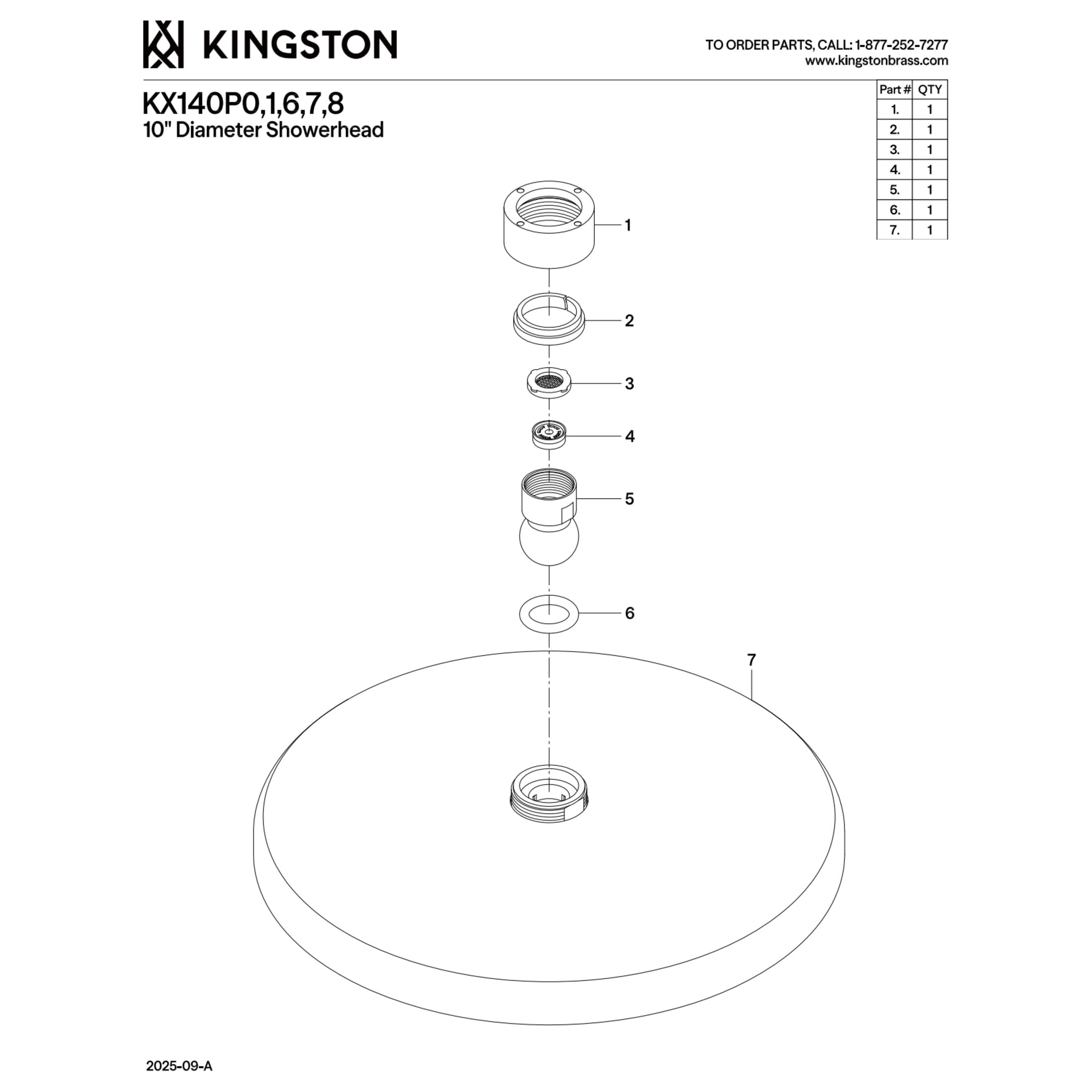 Kingston Brass KX140P7 Slenderain 10" Round Rainfall Shower Head, Brushed Brass