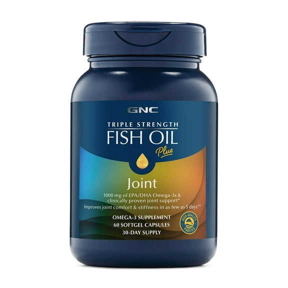 GNC Triple Strength Fish Oil Plus Joint Omega 3, 1000mg EPA and DHA, Heart Health, Plus Fast 5 Day Comfort, Brain, Skin, and Eye, Antioxidants and Botanical Extracts, Control Fish Burps, 30 Servings
