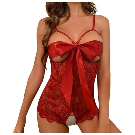 

wendunide underwear women Tie Front Knot Front Floral Teddy Lingerie One-Piece Lace Bodysuit M