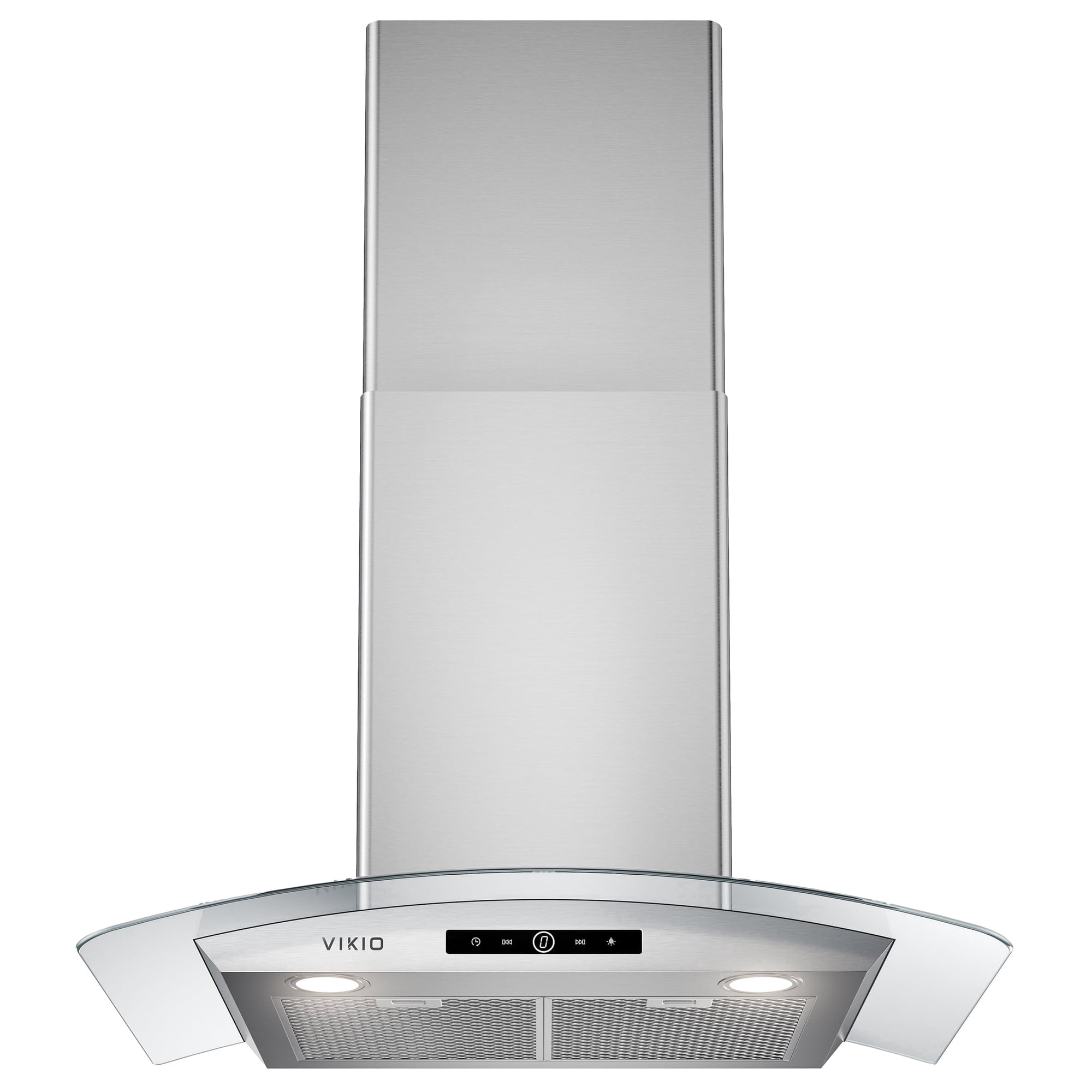 VIKIO 30 in Range Hood Wall Mount in Stainless Steel and Curved Glass with 3-Speed Fan, Convertible Ducted and Ductless, Touch Control, LED Lights and Carbon Filters