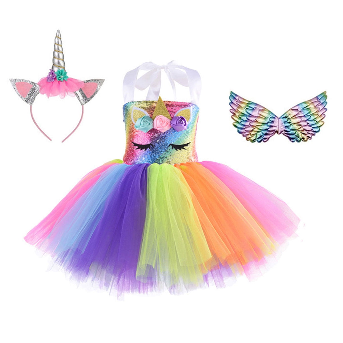Rainbow Tutu Skirt Dress Unicorn Horn Tulle Headband Kids Outfit Baby Toddler 
