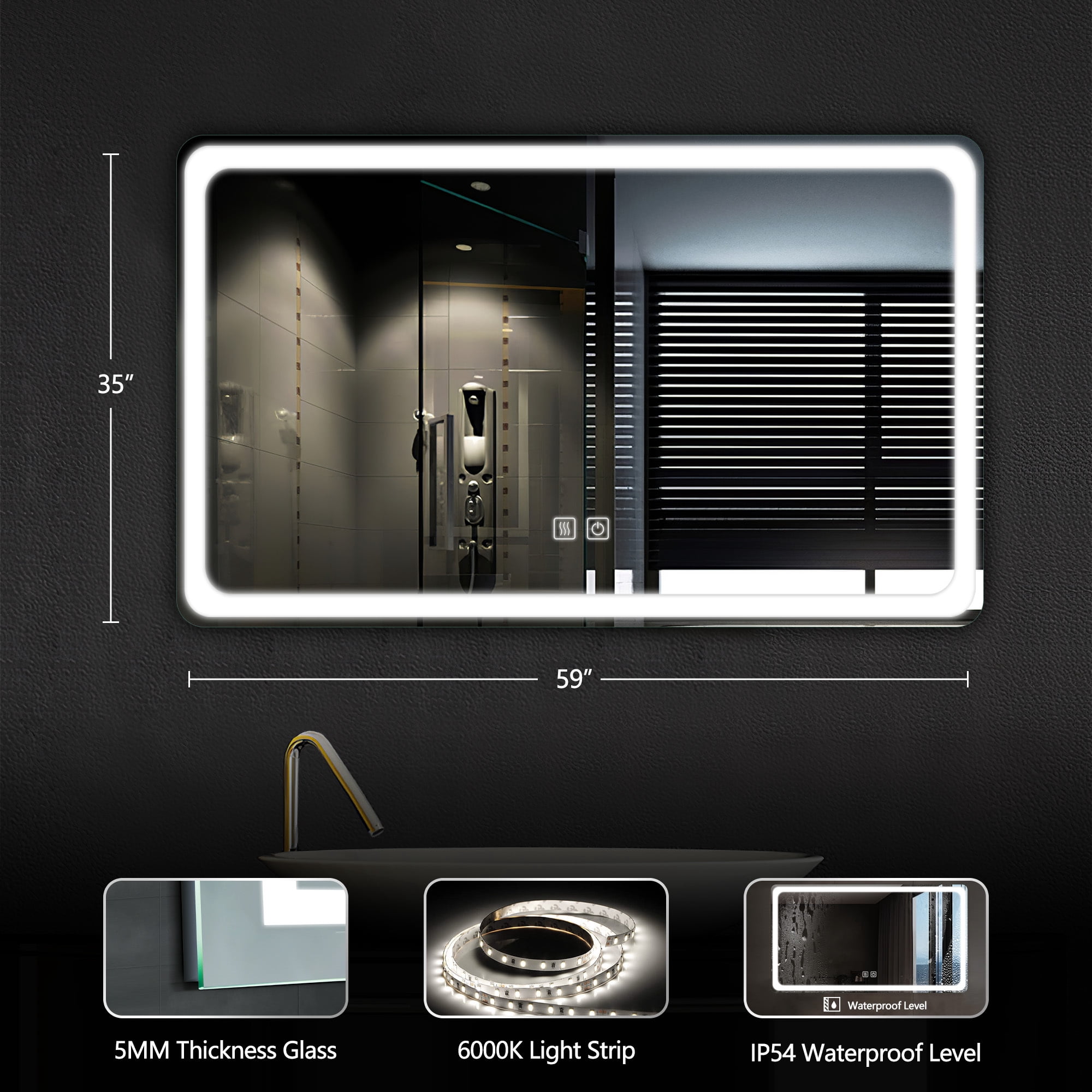 59"x35" LED Lighted Round Angle Wall Mounted Bathroom Mirror Modern Rectrangle Vanity Mirror with Anti-Fog,Silver