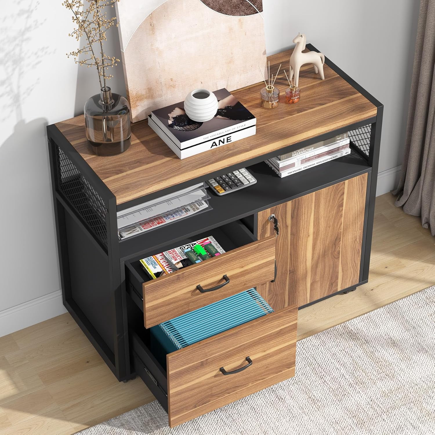 Tribesigns 63" L Shaped Executive Desk with Lateral File Cabinet, Doors with Locks, Desk with Shelf (Walnut and Black)