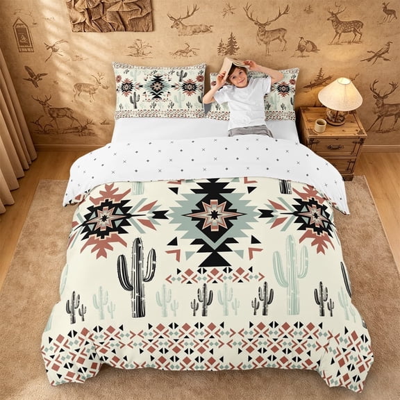 meiyoeat Rustic Western Aztec Print Duvet Cover Queen For Adults,Desert Botanical Cactus Queen Bedding For Men Women,Reversible,3-Piece(No Comforter)