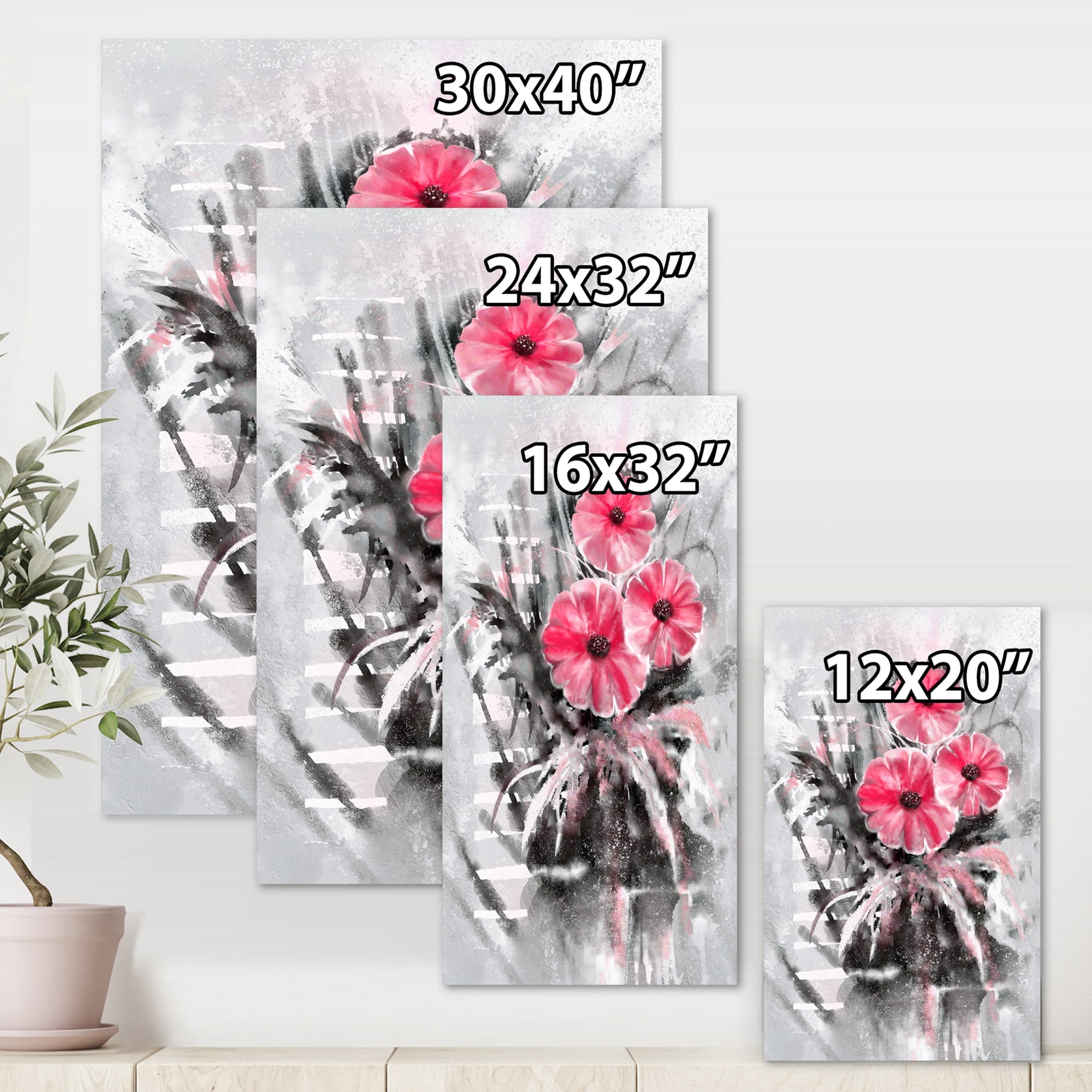 Designart ' Abstract Red Flowers On Gray Background ' Traditional Canvas Wall Art Print