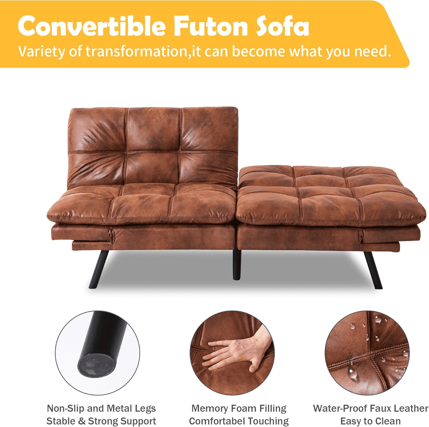 Convertible Armless Futon Sofa Bed,3" Memory Foam Modern Loveseat Couch,71" L Sleeper Sofa Bed,Small Splitback Modern Faux Leather Futon Sofa