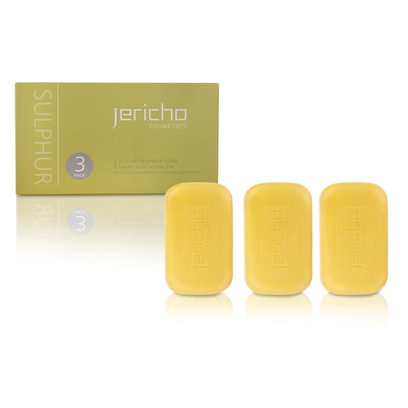 Jericho Barra de jabón de azufre natural con minerales del Mar Muerto | Molido francés y vegano | Para acné y piel grasa | Paquete de 3 barras de azufre de 4.4 oz cada una