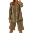 thumbnail image 1 of UAMVSH Women Button down Two Piece Sets Plus Size Cotton Linen Long Sleeve Shirts and Drawstring Bermuda Shorts Beach Outfits(Small,Khaki), 1 of 7