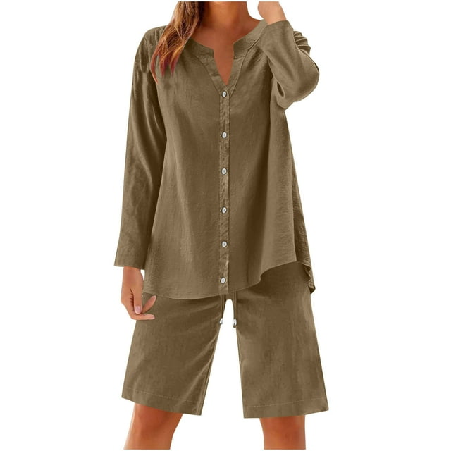 UAMVSH Women Button down Two Piece Sets Plus Size Cotton Linen Long Sleeve Shirts and Drawstring Bermuda Shorts Beach Outfits(X-Large,Khaki)