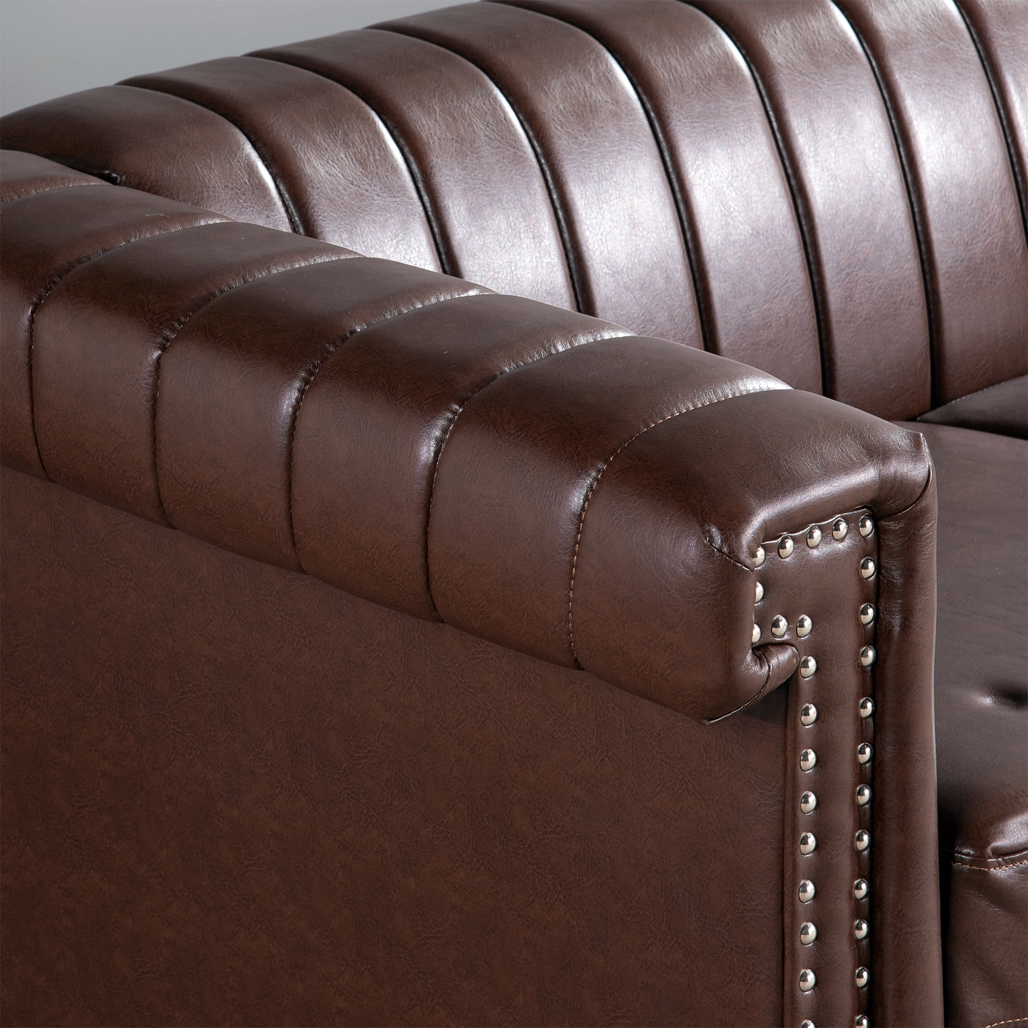Kadyn 83.66" Removable Cushion 3 Seater Sofa, Modern Pu Sofa for Living Room, Upholstered Pu Sofa Couch with Traditional Square Arm, Dark Brown
