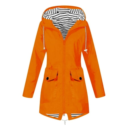 Ikevan Clearance Women Solid Color Rain Jacket Outdoor Loose Hooded Windproof Coats With Pocket Ikevan Clearance Women Solid Color Rain Jacket Outdoor Loose Hooded Windproof Coats With Pocket