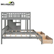 Bellemave Triple Bunk Bed with Stairs for 3, Wood Full over Twin & Twin 3 Bunk Bed with 6 Storage Drawers, Triple Bunk Bed for Teens Adults (Gray)