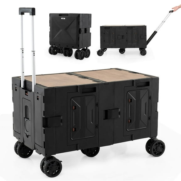 Costway Large Foldable Utility Cart with 2-Tier Storage Crates 5 Rotate Wheels Metal Black