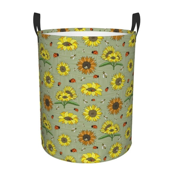 Balery Sage Green With Sunflowers Cesta de ropa redonda con asas, impermeable, independiente, para ropa, juguetes, dormitorio y familia-Small