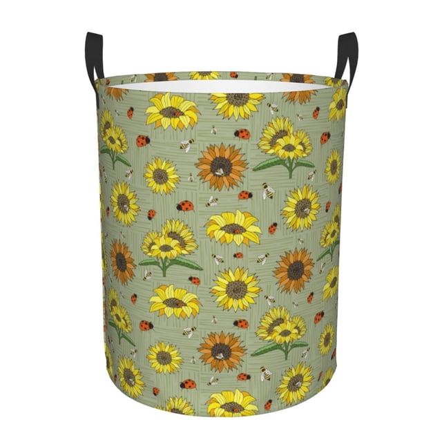 Balery Sage Green With Sunflowers Cesta de ropa redonda con asas, impermeable, independiente, para ropa, juguetes, dormitorio y familia-Small