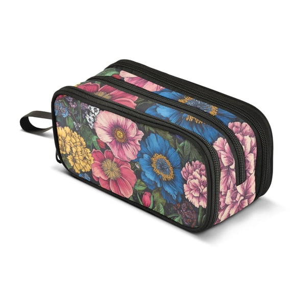 FORMRS Pencil Case with 3 Compartments Zipper Pouch, Elementary School Level and up, Vibrant Blooming Flowers