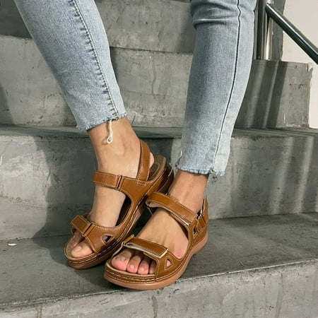 Jsaierl Orthopedic Sandals for Women Dressy Summer  Wide Stripe Shoes Lightweight Beach Roman Sandals Casual Shoes Size 5.5