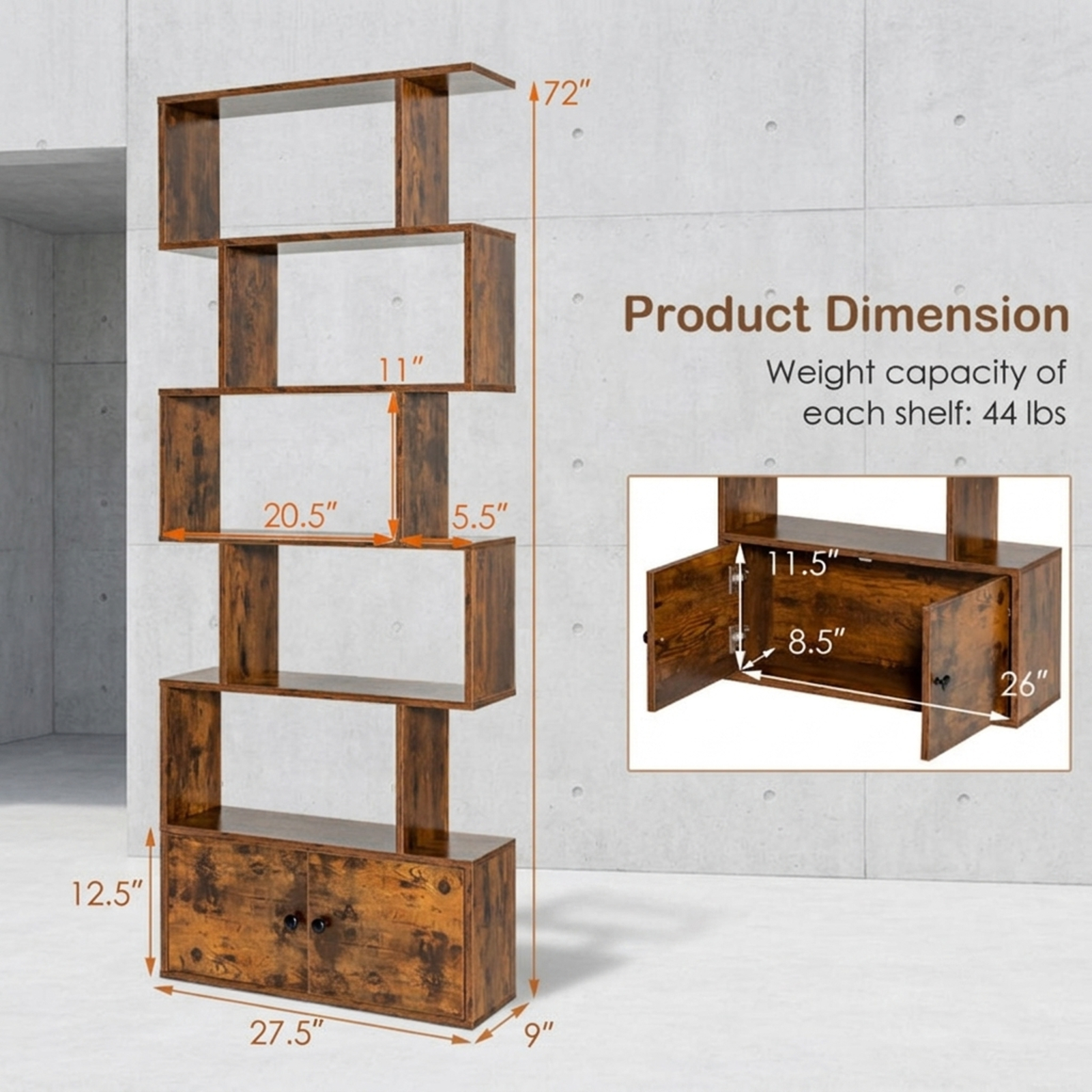 Furnibear 6-Tier S-Shaped Freestanding Bookshelf with 5 Open Shelves and Closed Cabinet Tall Wood Storage for Bedroom and Office, Coffee