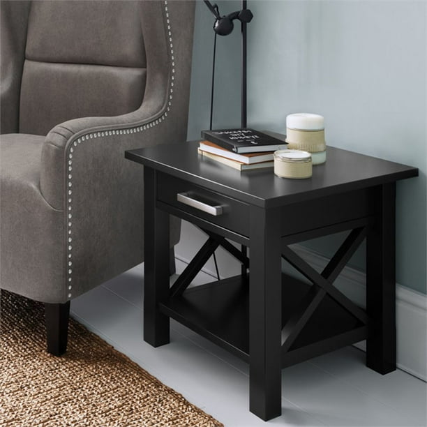 Simpli Home Kitchener Solid Wood Wide End Table with Storage in Black
