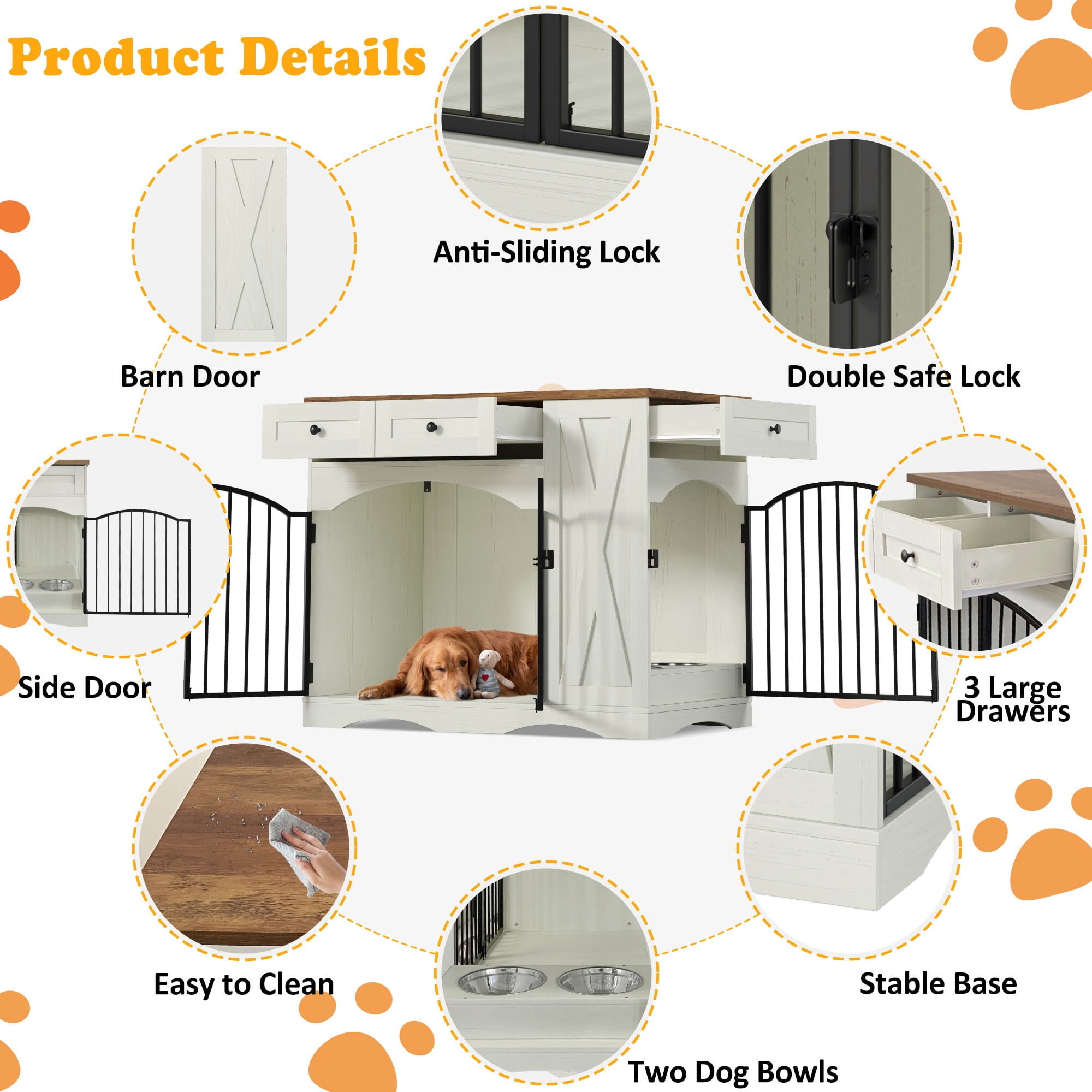 Mintazer 43.3" Farmhouse End Table Dog Crate Furniture & 2 Doors, Indoor Pet Kennel with 3 Storage Drawers & Detachable Feeder Tray, Dog Cage End Table for Medium Large Dogs, Beige & White