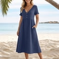 thumbnail image 6 of Kvture Women's Linen Midi Dress V Neck Button Front Short Sleeve Dress Loose Fit Casual Summer Dresses with Pockets Navy, 6 of 9