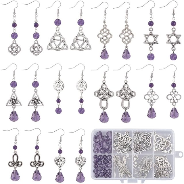 1 Box DIY 10 Pairs Earrings Making Kit Celtics Trinity Knot Charm Traditional Irish Celtics Charms Celtics Knot Charms Purple Glass Spacer Beads for Jewelry Making Kits Adults Women Supplies