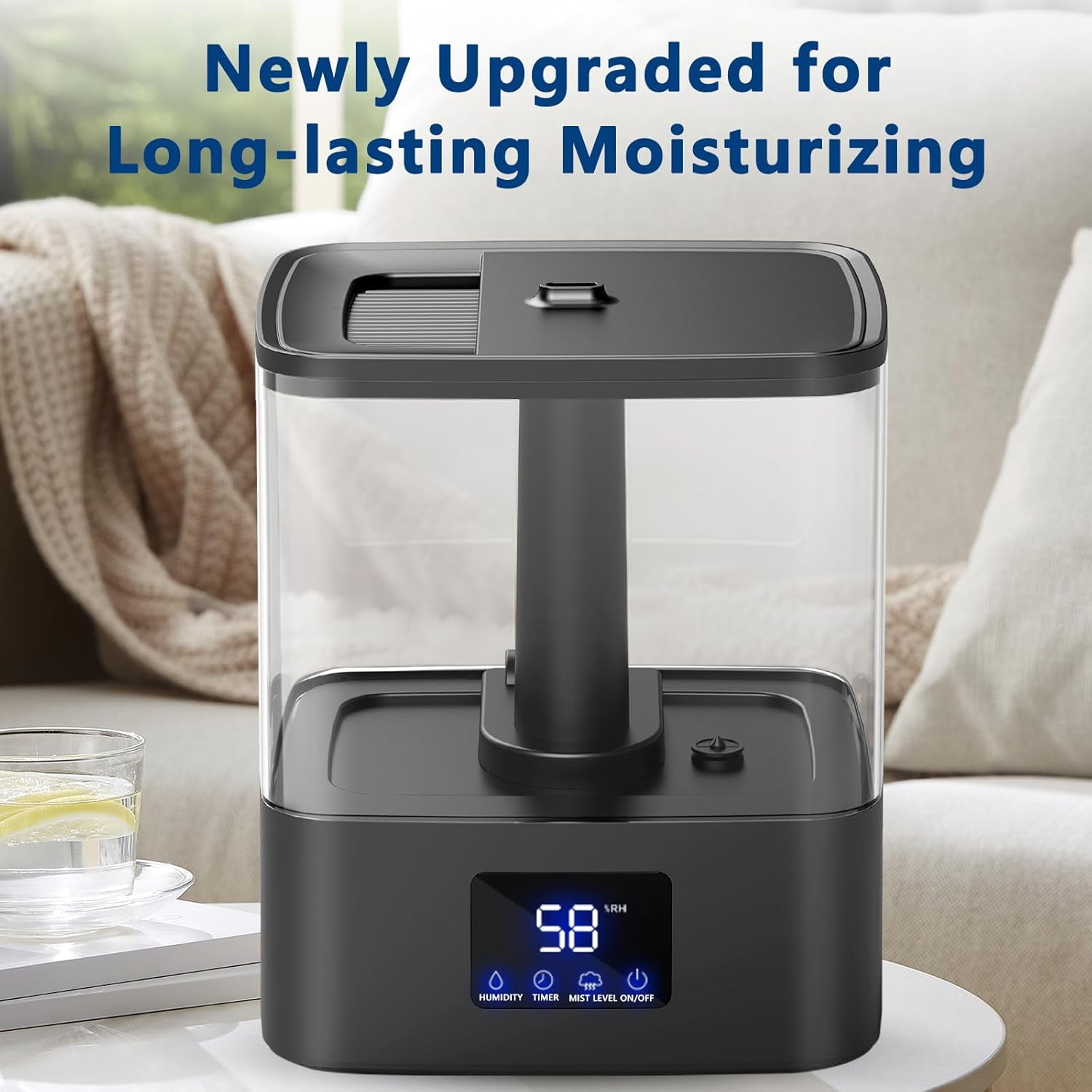 4L Top Fill Humidifiers for Bedroom & 60H Runtime - Cool Mist Humidifier, 3 Mist Levels, 8H Timer, Essential Oil Tray, Humidity Display, Quiet for Bedroom, Baby, Plants, Large Room (Black, 4L)
