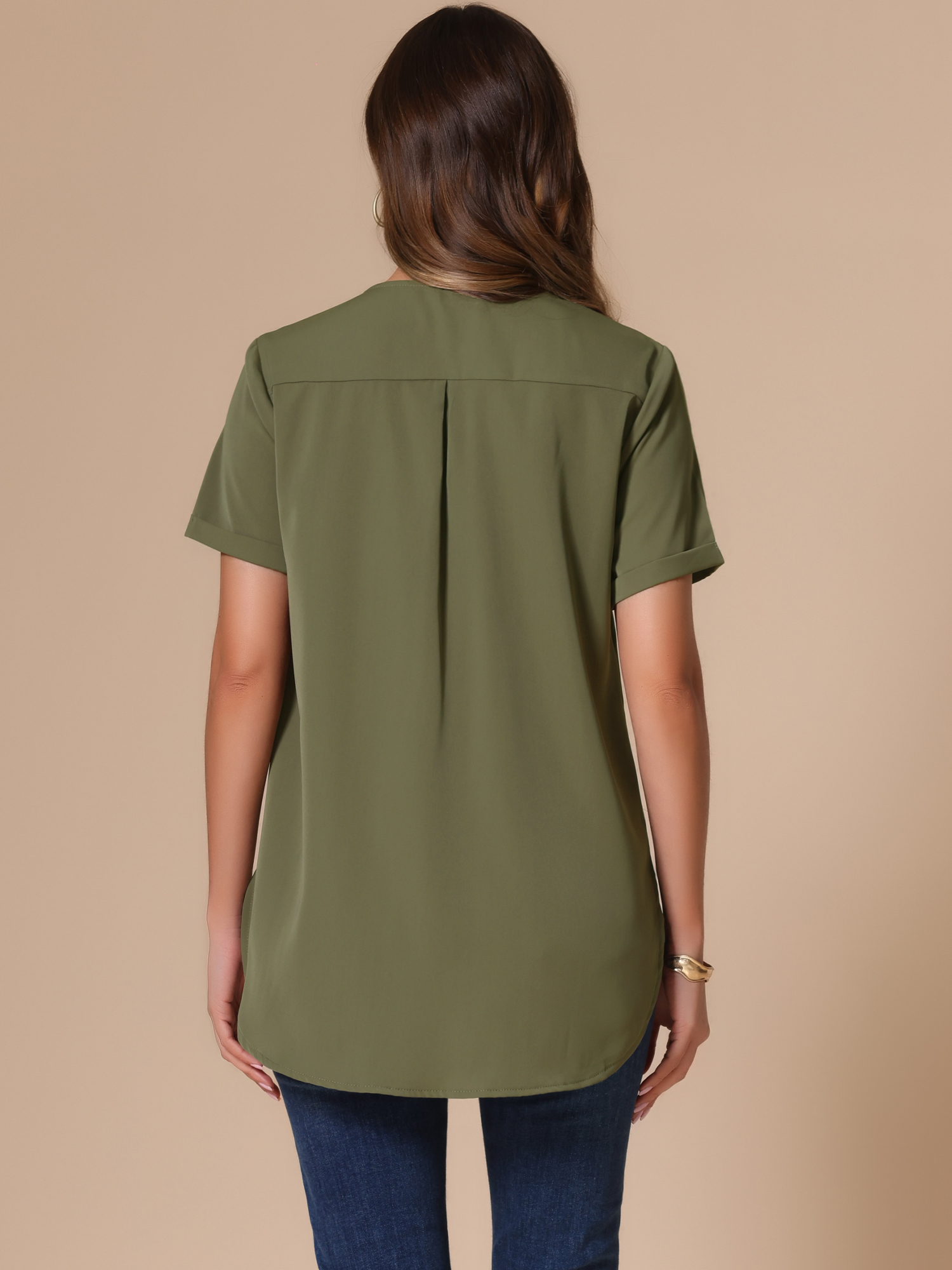 DARING DIVA Women's Loose Fit Dressy Curved Hem Casual Tunic Top Army Green S