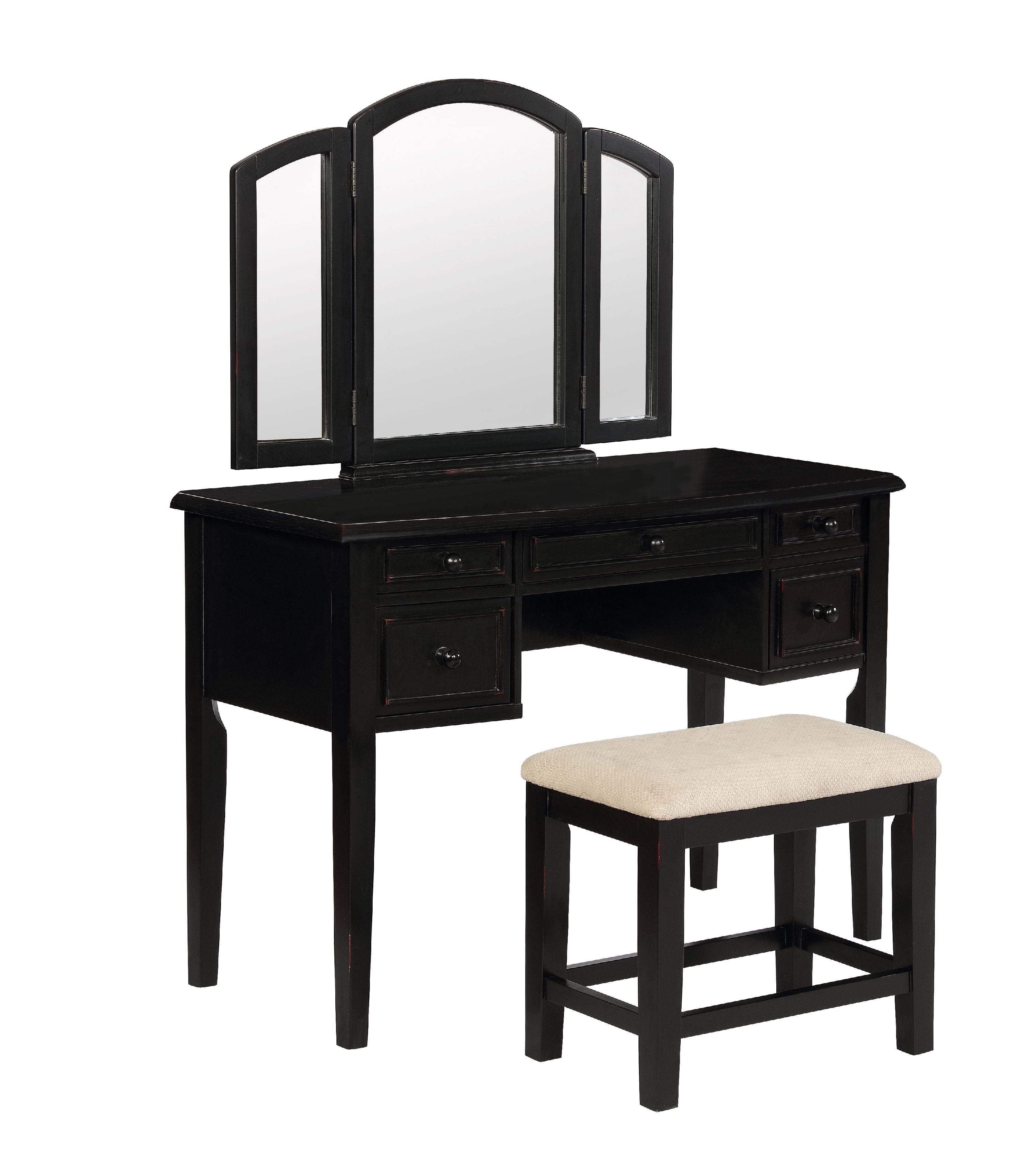 Powell 3 Piece Vanity Mirror And Bench, Black Vintage Vanity Set