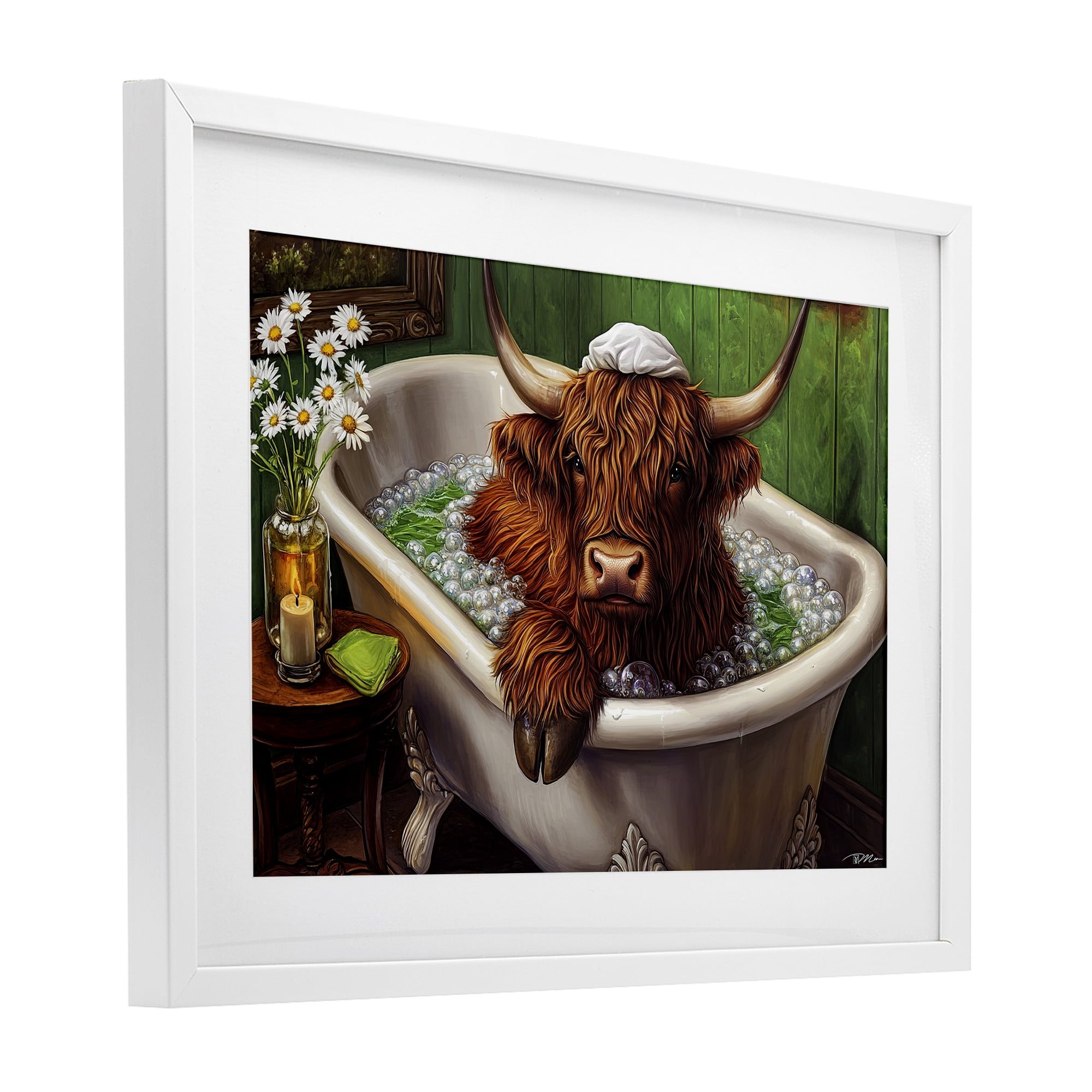Highland in Candle Lit Bubble Bath White Framed Print Under Glass, design by Momart
