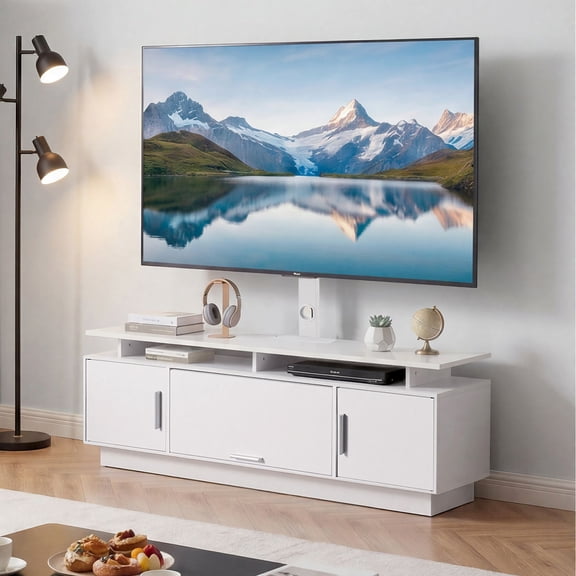 KFFKFF 59.1" TV Stand with Mount & LED for TVs up to 75", Wooden Entertainment Centre with Power Outlet, Height Adjustable, 40° Swivel, White