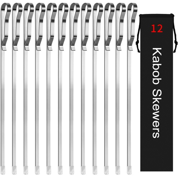 Kabob Skewers 17" Stainless Steel Long BBQ Barbecue Skewers, Flat Metal Kebob Sticks Wide Reusable Grilling Skewers for Meat Chicken,Set of 12 with Storage Bag