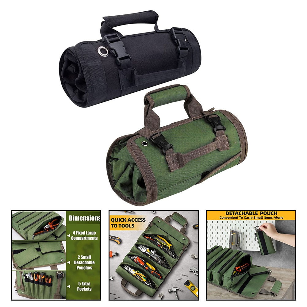 Rolling Tool Bag Tool Roll Up Bag 2 Removable Tool Pockets 4 Large Tool Compartments Waterproof For Car Repair Green Smile Home