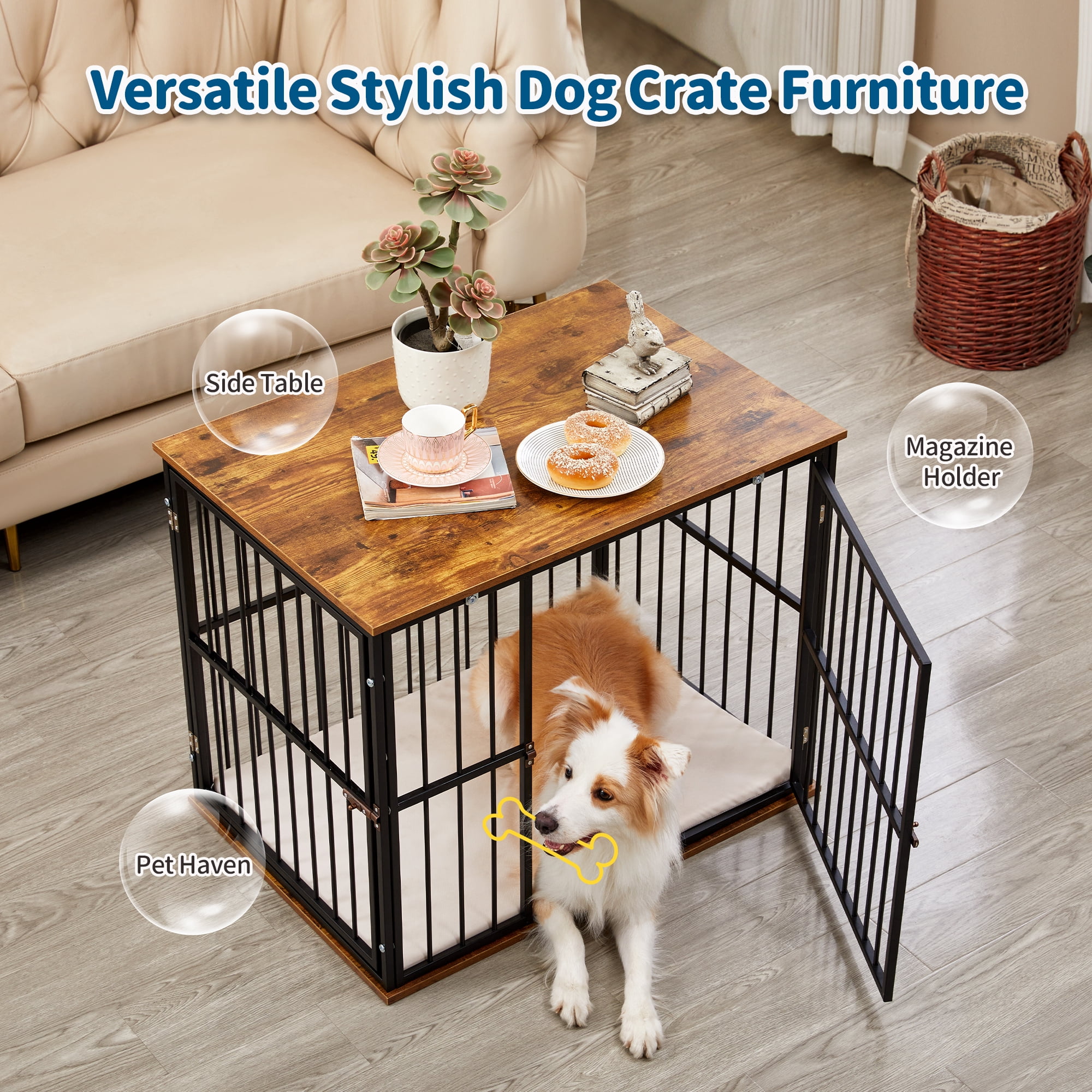 Made4Pets Medium Wooden Dog Crate Furniture with Washable Cushion for Dogs
