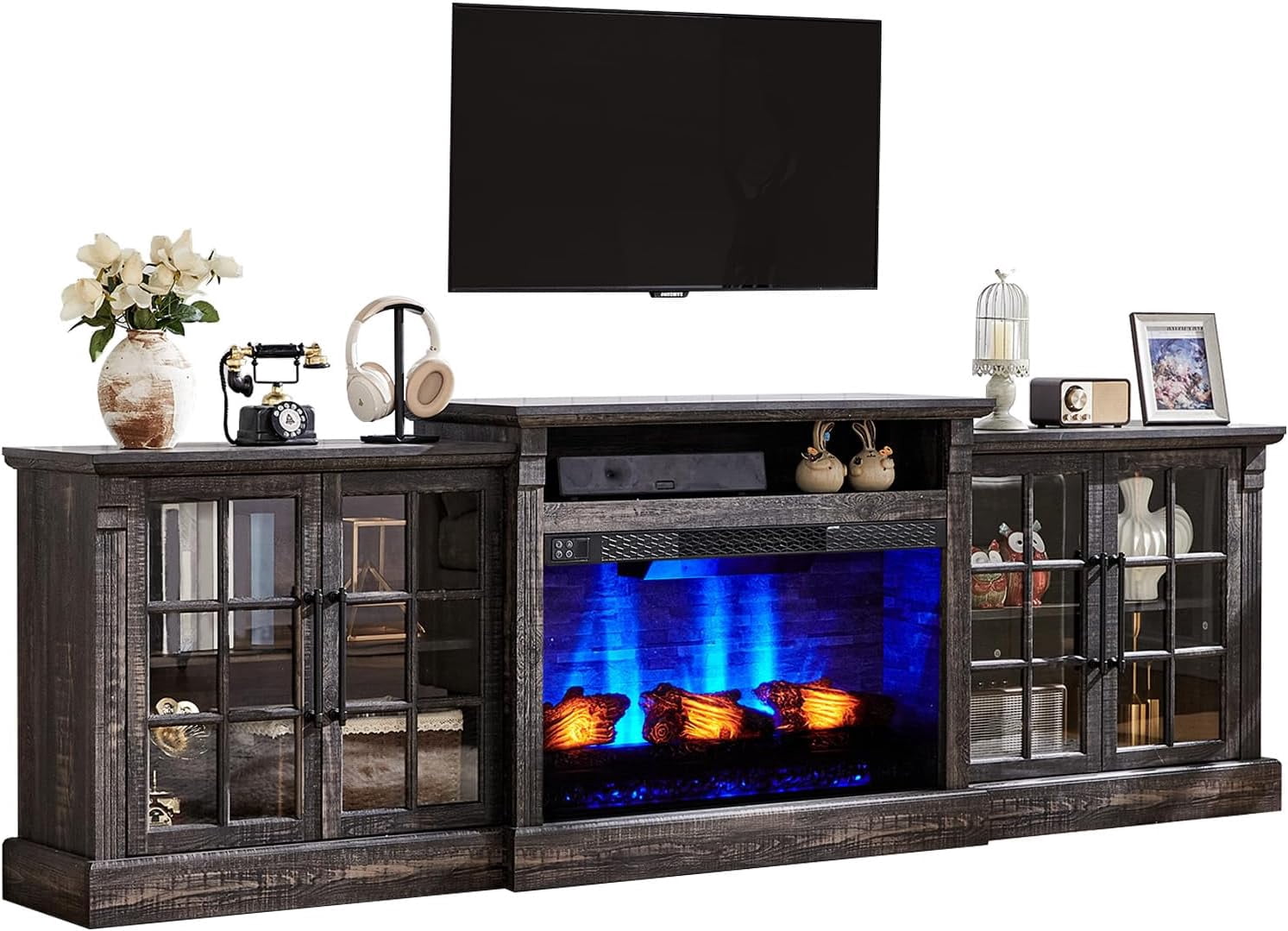 Merluxy 97" Farmhouse Fireplace TV Stand, Entertainment Center with Adjustable Shelf, Black