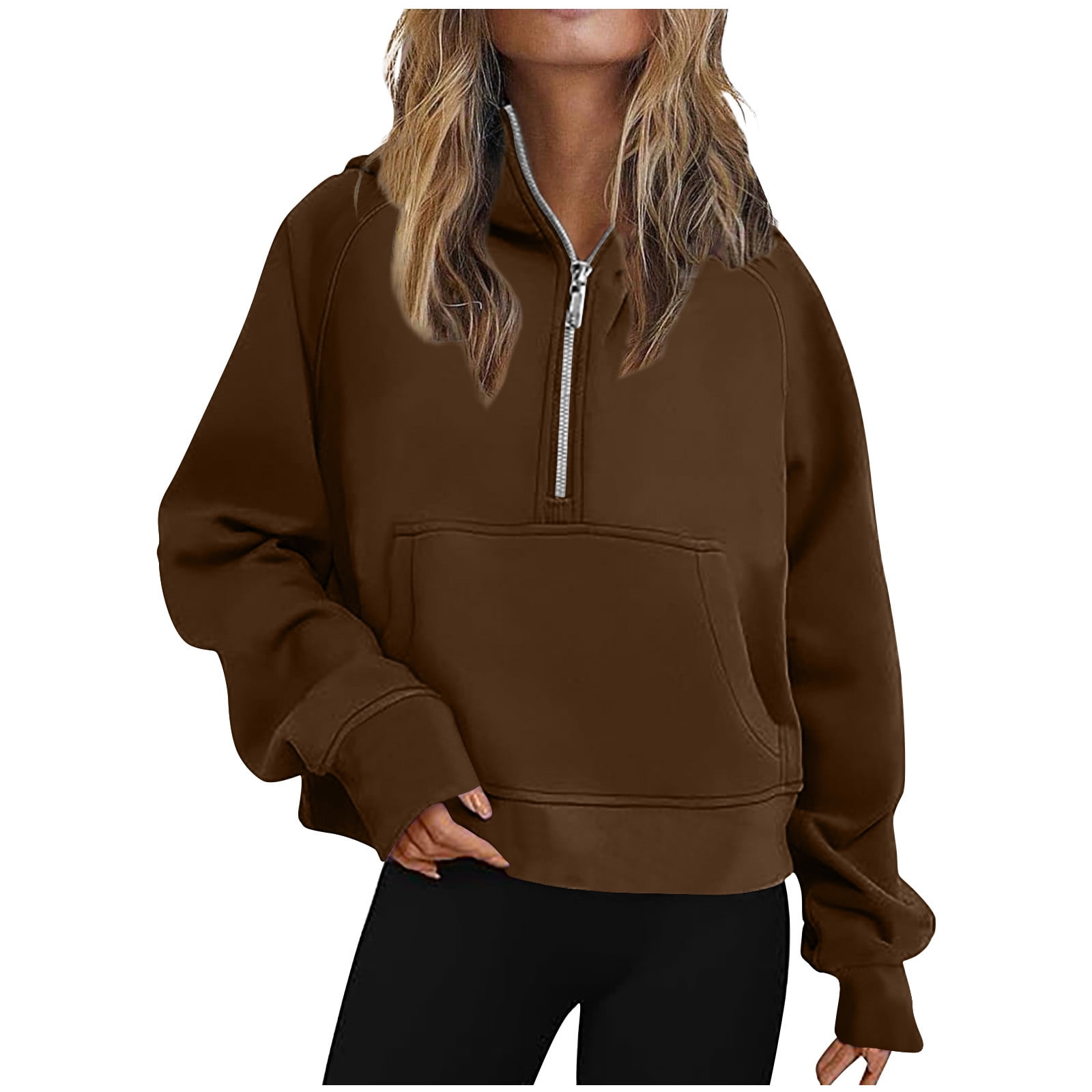 Dxzfnsa Womens Fall Winter Hoodies Women Fleece Half Zip Long Sleeve Pullover Sweatshirts Solid Color Pockets Cropped Sweatshirts Athletic Pullover Sweatshirts