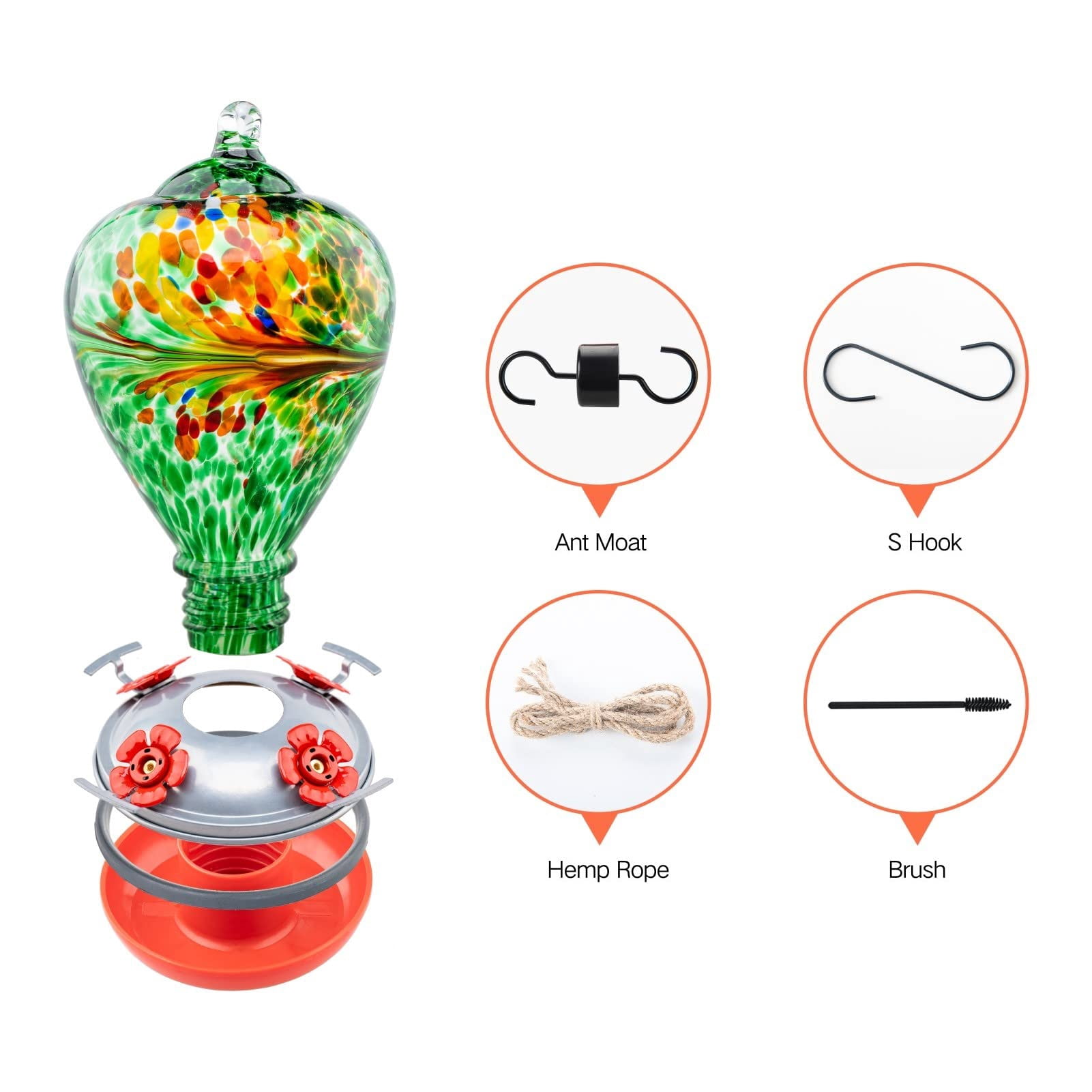 Peacock Blown Glass Hummingbird Feeder, Outdoor Backyard Decor