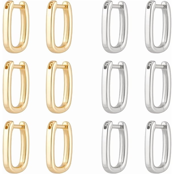Juego de 10 aros Paris de 2 colores chapados en oro de 18 quilates, de 15,5 mm de largo y ovalados, con piercings pequeños.