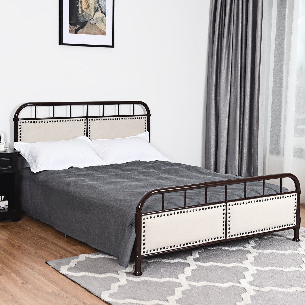 Queen size Metal Bed Frame Platform Bed Upholstered Panel - Walmart.com