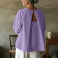 thumbnail image 2 of Lenpel Women's Tops 3/4 Length Sleeve Crew Neck Open Back Pleated T-Shirts Loose Tunic Blouses Trendy Casual Tees, 2 of 7